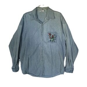 Vintage Crystal Springs Woman's Shirt Roses Painted Denim Grandma Style Large